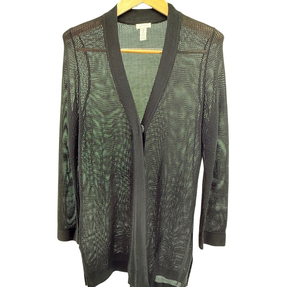 Chicos Black Open Knit Mesh Cardigan Single Snap Button Sz2